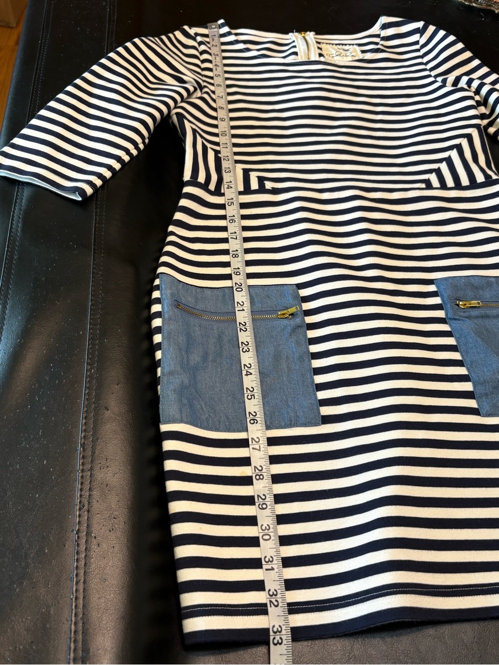 Tabitha Black and White Striped Midi Dress with Denim Patch Pockets - Picture 12 of 13